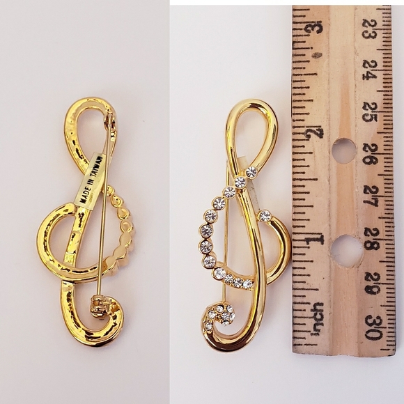 Vintage Style Rhinestone & Gold Tone G Clef Musical Note Brooch - Picture 2 of 2